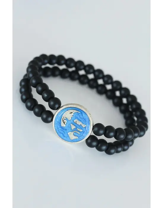 Açık Mavi Metal Üzerine Silver Renk Atatürk Portreli Çift Sıra Doğal Taş Erkek Bileklik