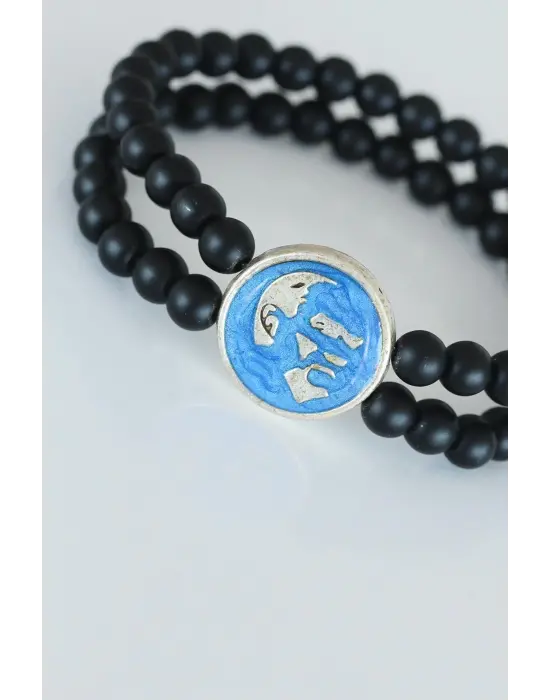 Açık Mavi Metal Üzerine Silver Renk Atatürk Portreli Çift Sıra Doğal Taş Erkek Bileklik