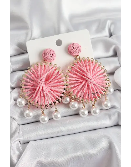 Açık Pembe Hasır Örgü Sarmal Model Sallantılı İnci Detaylı Gold Renk Kadın Küpe