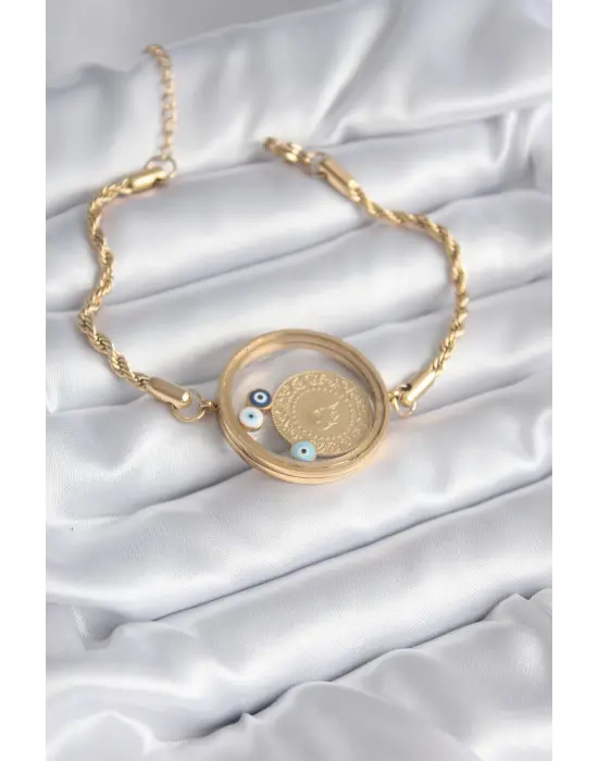 Açılabilir 316L Çelik Gold Renk Burgu Zincir Fanus Çeyrek Model Kadın Bileklik