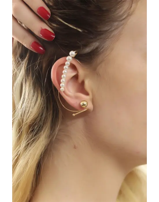 Altın Renk Büyüklü Küçüklü İnci Detaylı Kıkırdak Küpe