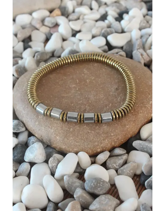 Altın Renk Prizma Model Gri Doğal Taş Erkek Bileklik