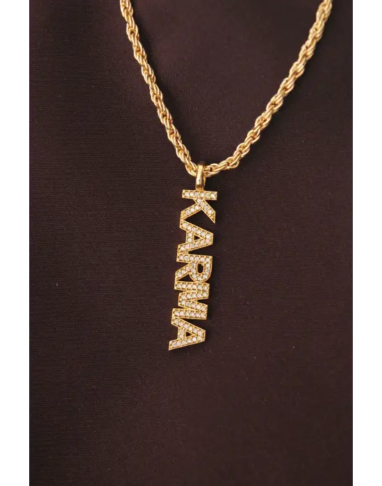 Altın Renk Zirkon Taşlı Karma Yazılı Kolye