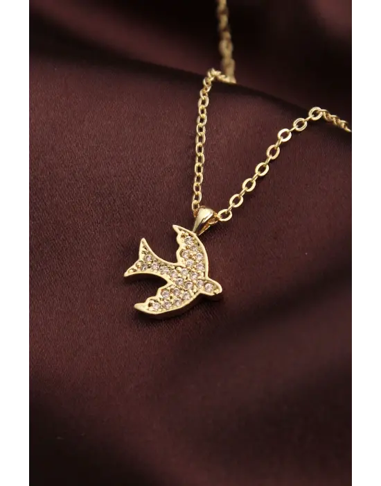 Altın Renk Zirkon Taşlı Kuş Kolye