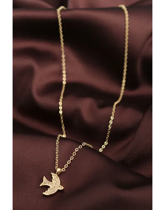 Altın Renk Zirkon Taşlı Kuş Kolye