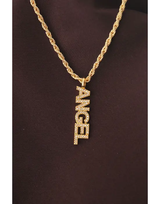 Altın Renk Zirkon Taşlı Melek Yazılı Kolye