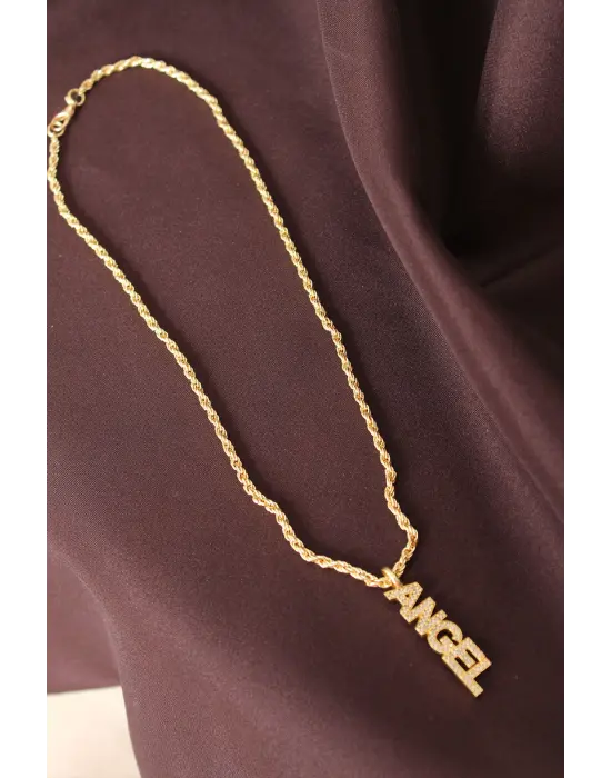 Altın Renk Zirkon Taşlı Melek Yazılı Kolye