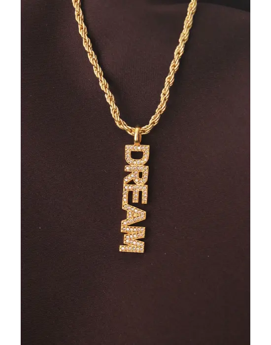 Altın Renk Zirkon Taşlı Rüya Yazılı Kolye