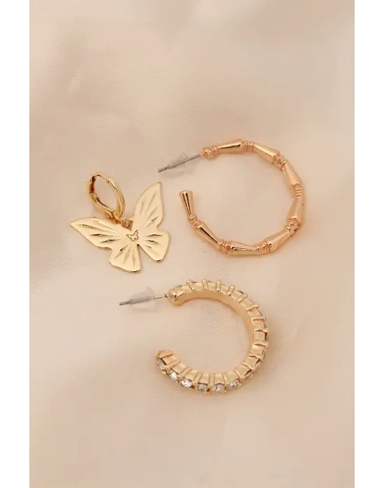 Altın Renkli Metal Zirkon Taşlı Kelebek Model Yarım Halka Küpe Seti