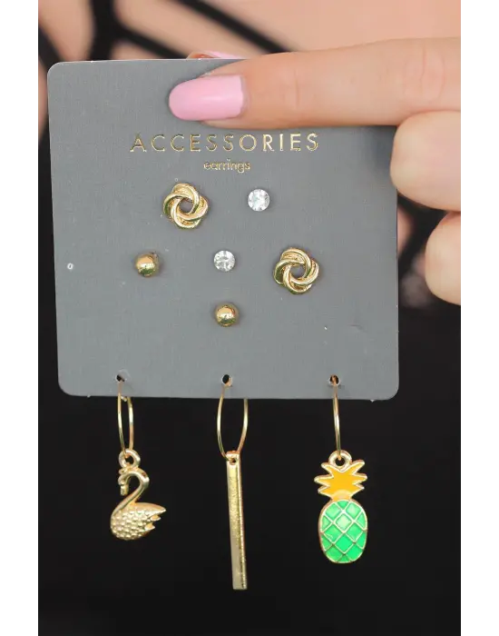 Ananaslı Üçlü Küpe Seti