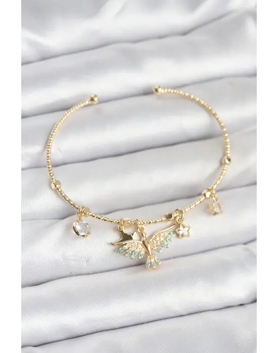Anka Kuşu Charmlı Gold Renk Pirinç Kadın Bileklik