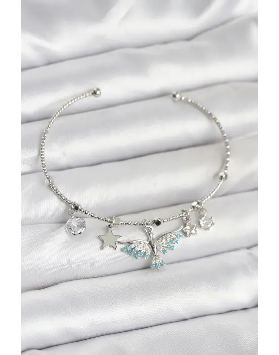 Anka Kuşu Charmlı Gümüş Renk Pirinç Kadın Bileklik