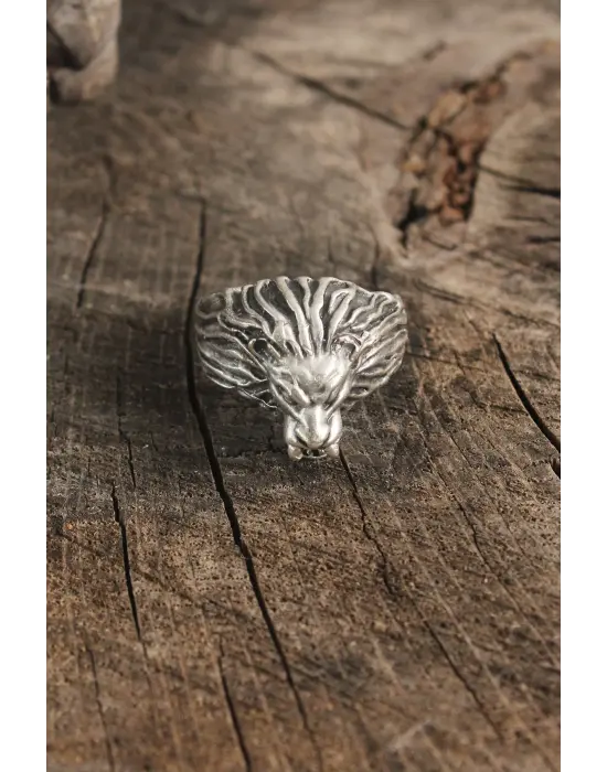 Antik Gümüş Renk Aslan Model Ayarlanabilir Erkek Yüzük