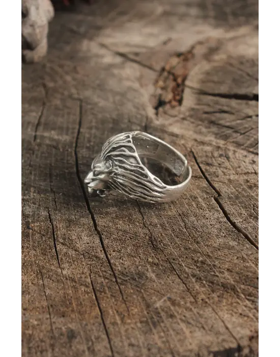 Antik Gümüş Renk Aslan Model Ayarlanabilir Erkek Yüzük