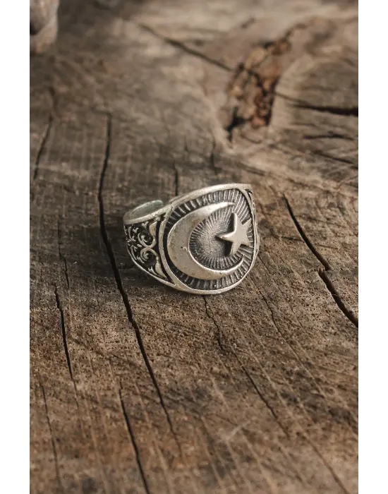 Antik Gümüş Renk Ay Yıldız İşleme Ayarlanabilir Erkek Yüzük