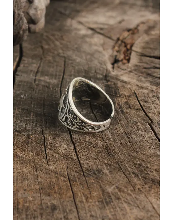 Antik Gümüş Renk Ay Yıldız İşleme Ayarlanabilir Erkek Yüzük