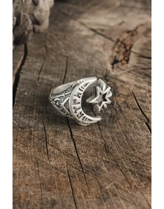 Antik Gümüş Renk Ay Yıldız Model Göktürkçe Türk İşleme Ayarlanabilir Erkek Yüzük