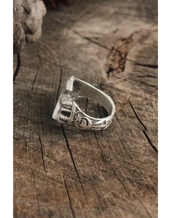 Antik Gümüş Renk Ay Yıldız Model Göktürkçe Türk İşleme Ayarlanabilir Erkek Yüzük