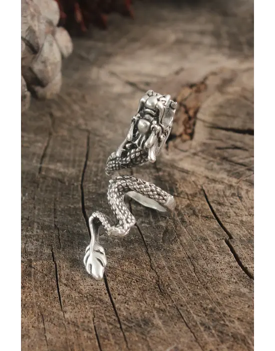 Antik Gümüş Renk Ejderha Model Ayarlanabilir Erkek Yüzük