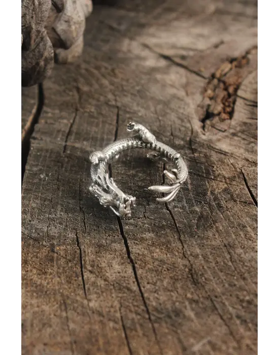 Antik Gümüş Renk Ejderha Model Ayarlanabilir Erkek Yüzük