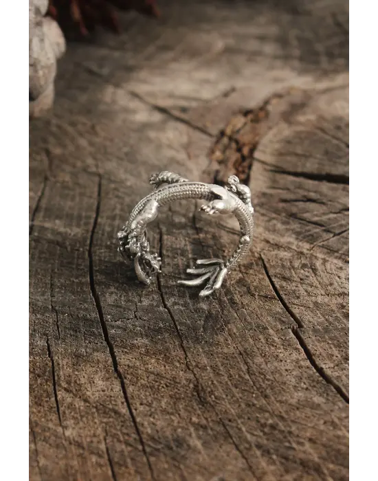 Antik Gümüş Renk Ejderha Model Ayarlanabilir Erkek Yüzük