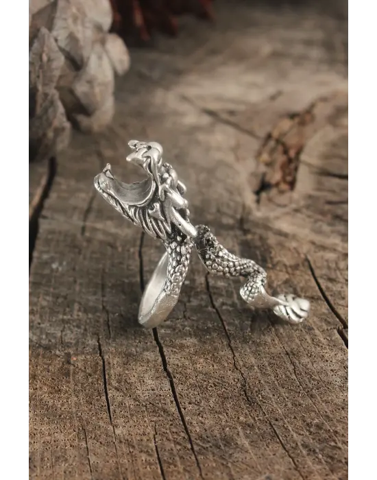 Antik Gümüş Renk Ejderha Model Ayarlanabilir Erkek Yüzük