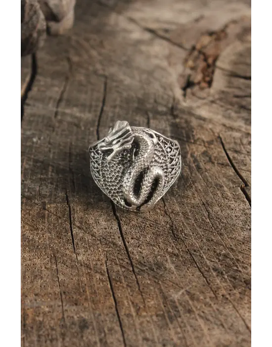 Antik Gümüş Renk Ejderha Motif Ayarlanabilir Erkek Yüzük