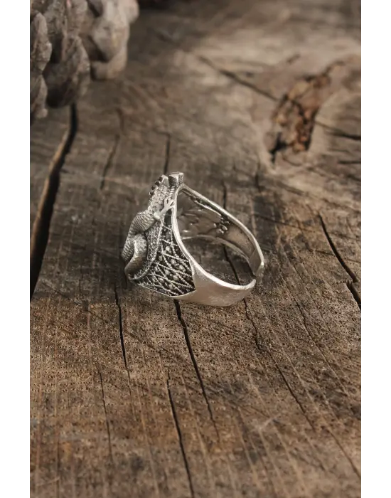 Antik Gümüş Renk Ejderha Motif Ayarlanabilir Erkek Yüzük