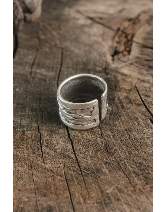 Antik Gümüş Renk Motif İşleme Ayarlanabilir Erkek Yüzük