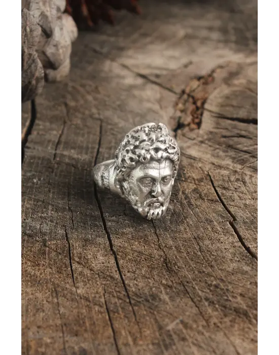 Antik Gümüş Renk Sokrates Yüzü Model Ayarlanabilir Erkek Yüzük
