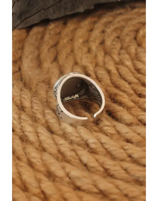 Antik Gümüş Renk Yıldız İçi Ay Yıldız Ayarlanabilir Erkek Yüzük