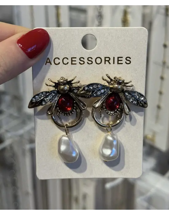 Arı Figürlü Yakut Taşlı Eskitme Bohem Siyah Kadın Küpe