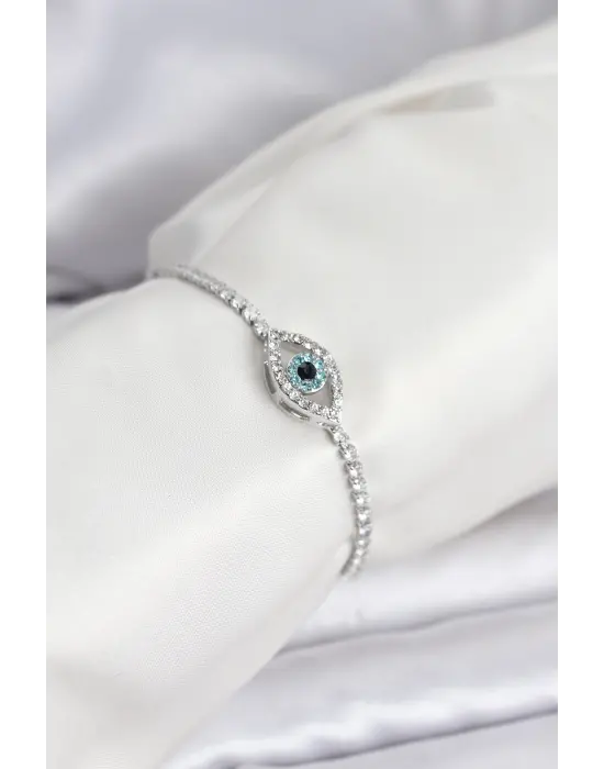 Asansörlü Ayarlanabilir Göz Nazar Motifli Çelik Kadın Bileklik Gümüş