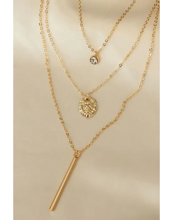 Aslan Figürlü Zirkon Taş Detay Çoklu Çelik Kolye