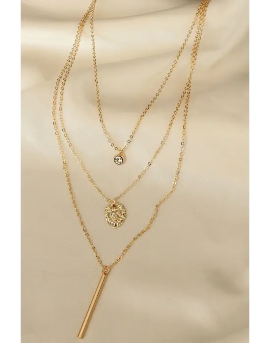 Aslan Figürlü Zirkon Taş Detay Çoklu Çelik Kolye