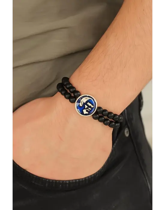 Atatürk Portre Figürlü Lacivert Metal Aksesuarlı Siyah Oniks Doğal Taş Erkek Bileklik