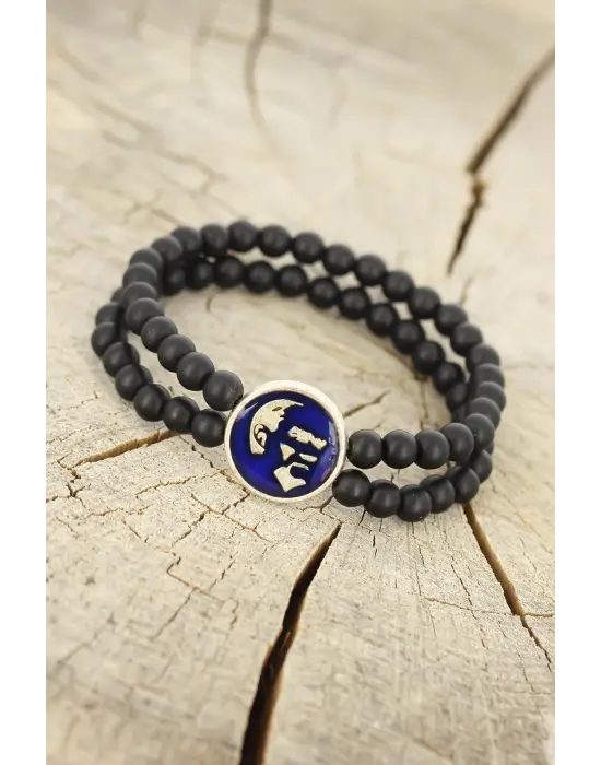 Atatürk Portre Figürlü Lacivert Metal Aksesuarlı Siyah Oniks Doğal Taş Erkek Bileklik