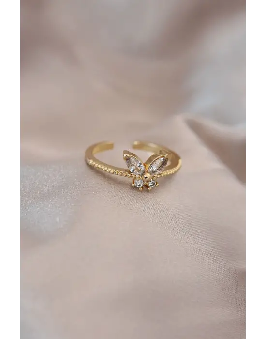 Ayarlamalı Altın Renk Metal Zirkon Taş ve Kristal Taşlı Kelebek Model Yüzük
