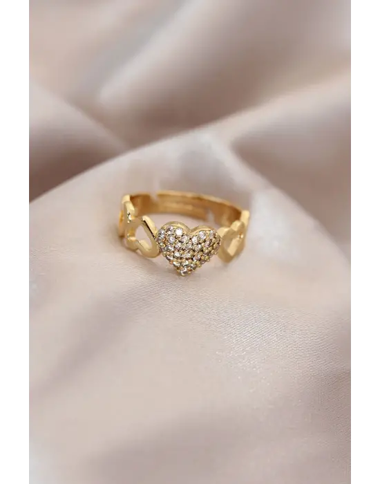 Ayarlamalı Altın Renk Metal Zirkon Taşlı Bombeli Kalp Model Yüzük