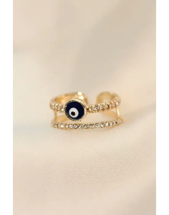 Ayarlamalı Altın Renk Nazar Boncuk Detay Zirkon Taşlı Yüzük