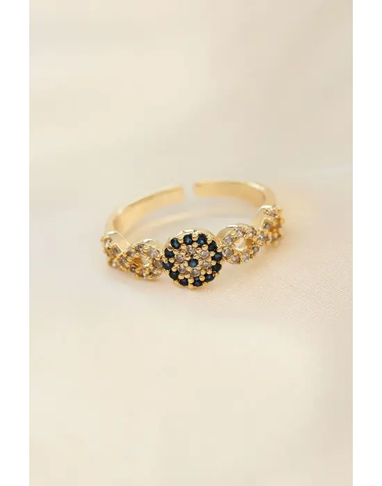 Ayarlamalı Altın Renk Nazar Boncuk Detay Zirkon Taşlı Yüzük