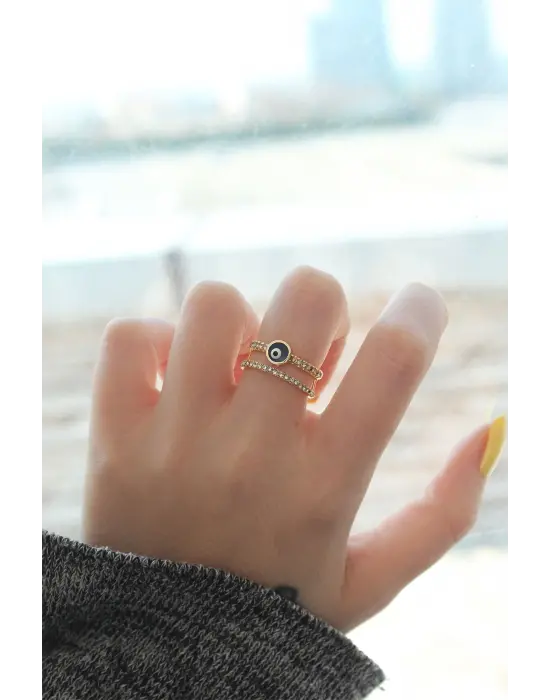 Ayarlamalı Altın Renk Nazar Boncuk Detay Zirkon Taşlı Yüzük