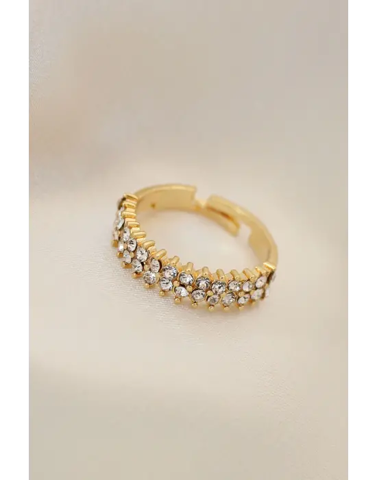 Ayarlamalı Altın Metal Çift Sıra Zirkon Taşlı Yüzük