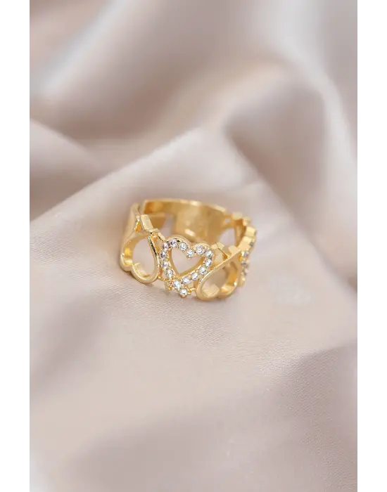 Ayarlamalı Gold Renk Metal Zirkon Taşlı Kalp Model Yüzük
