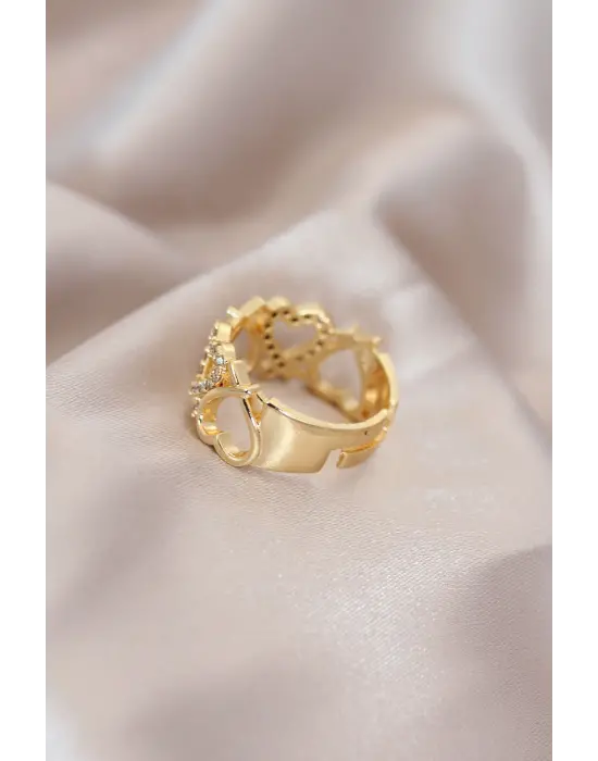 Ayarlamalı Gold Renk Metal Zirkon Taşlı Kalp Model Yüzük