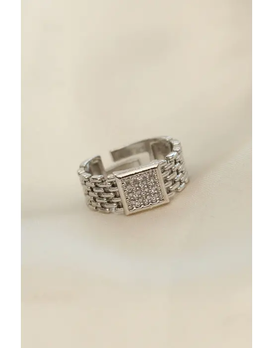 Ayarlamalı Gümüş Renk Kare Zirkon Taşlı Yüzük