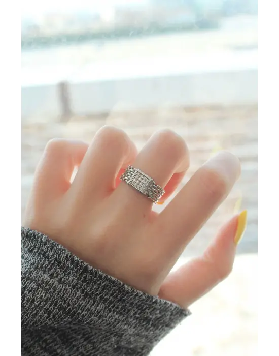 Ayarlamalı Gümüş Renk Kare Zirkon Taşlı Yüzük