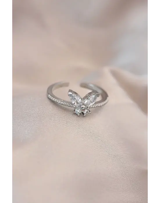 Ayarlamalı Gümüş Metal Zirkon Taş ve Kristal Taşlı Kelebek Model Yüzük