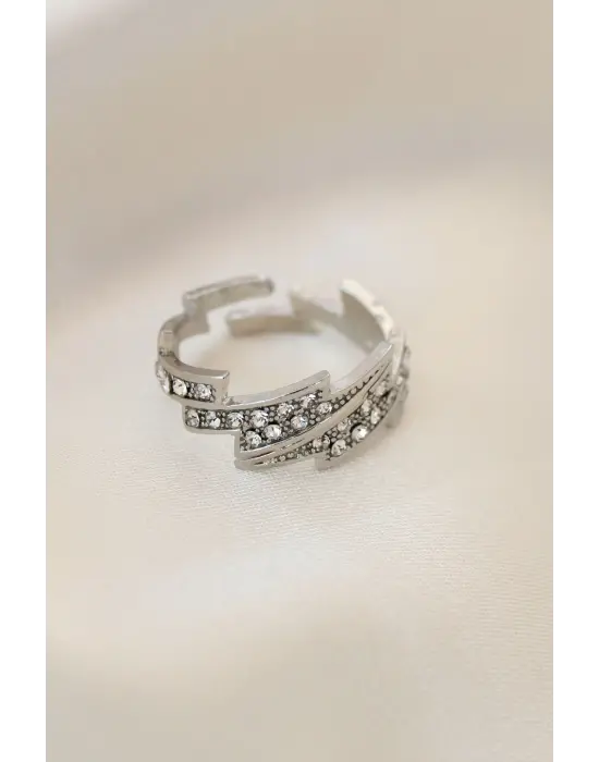 Ayarlamalı Gümüş Renk Metal Zirkon Taşlı Zikzak Yüzük