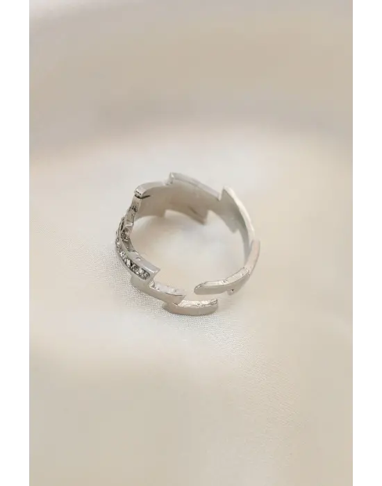 Ayarlamalı Gümüş Renk Metal Zirkon Taşlı Zikzak Yüzük